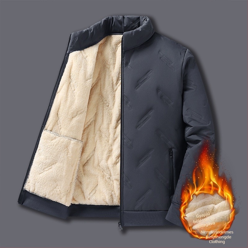 Férfi téli pamutból bélelt kabát, szélvédett állógallérral, fleece béléssel, laza szabású