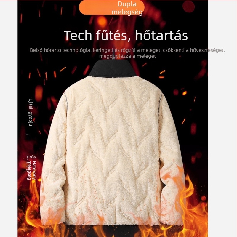 Férfi téli pamutból bélelt kabát, szélvédett állógallérral, fleece béléssel, laza szabású