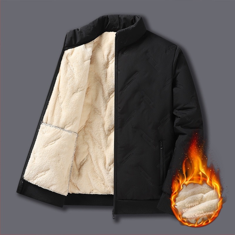 Férfi téli pamutból bélelt kabát, szélvédett állógallérral, fleece béléssel, laza szabású