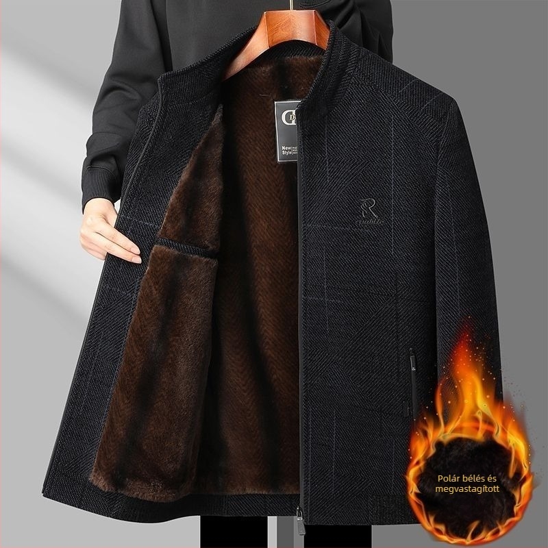 Férfi téli kabát fleece-béléssel Chenille anyagból, vastag, cipzárral, gallér
