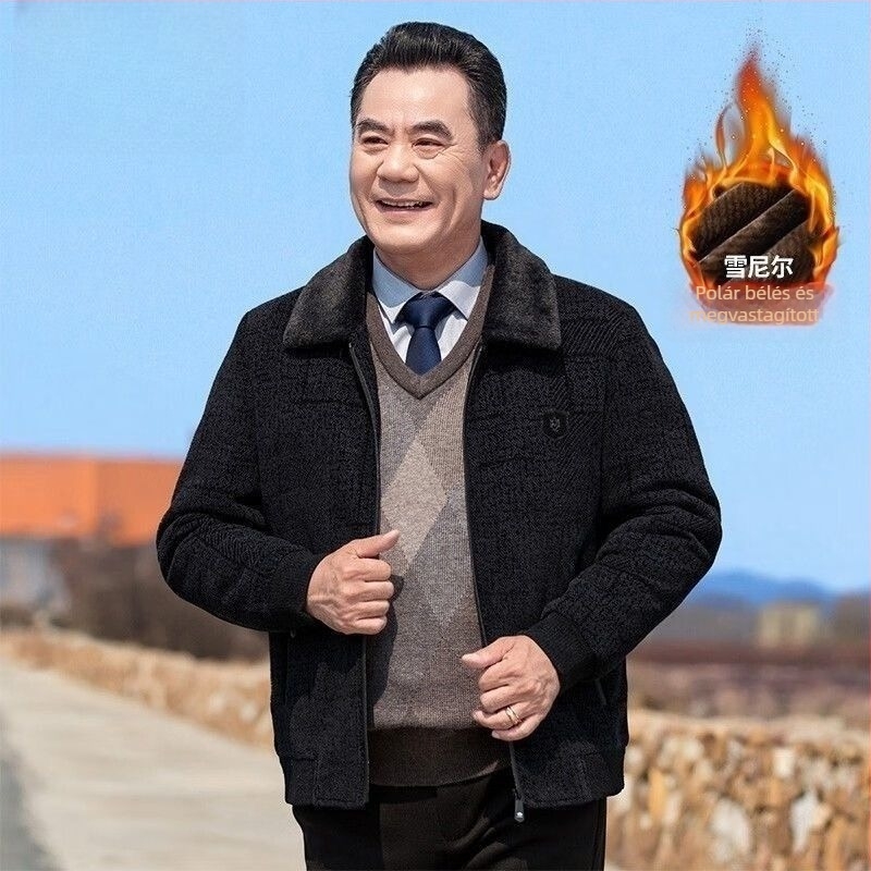 Férfi téli kabát fleece-béléssel Chenille anyagból, vastag, cipzárral, gallér