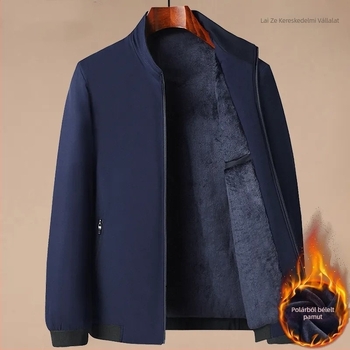 Férfi pamut-töltött kabát fleece béléssel, álló gallér, cipzár, kapucni nélküli, egyszínű, tavaszi-őszi viselet