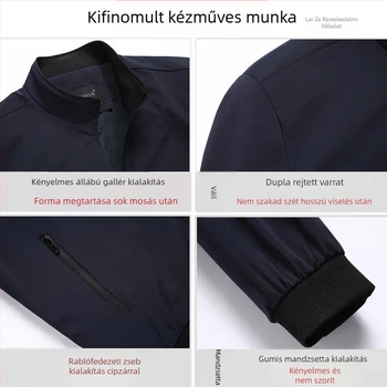 Férfi pamut-töltött kabát fleece béléssel, álló gallér, cipzár, kapucni nélküli, egyszínű, tavaszi-őszi viselet