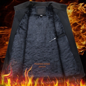Férfi pamut-töltött kabát fleece béléssel, álló gallér, cipzár, kapucni nélküli, egyszínű, tavaszi-őszi viselet