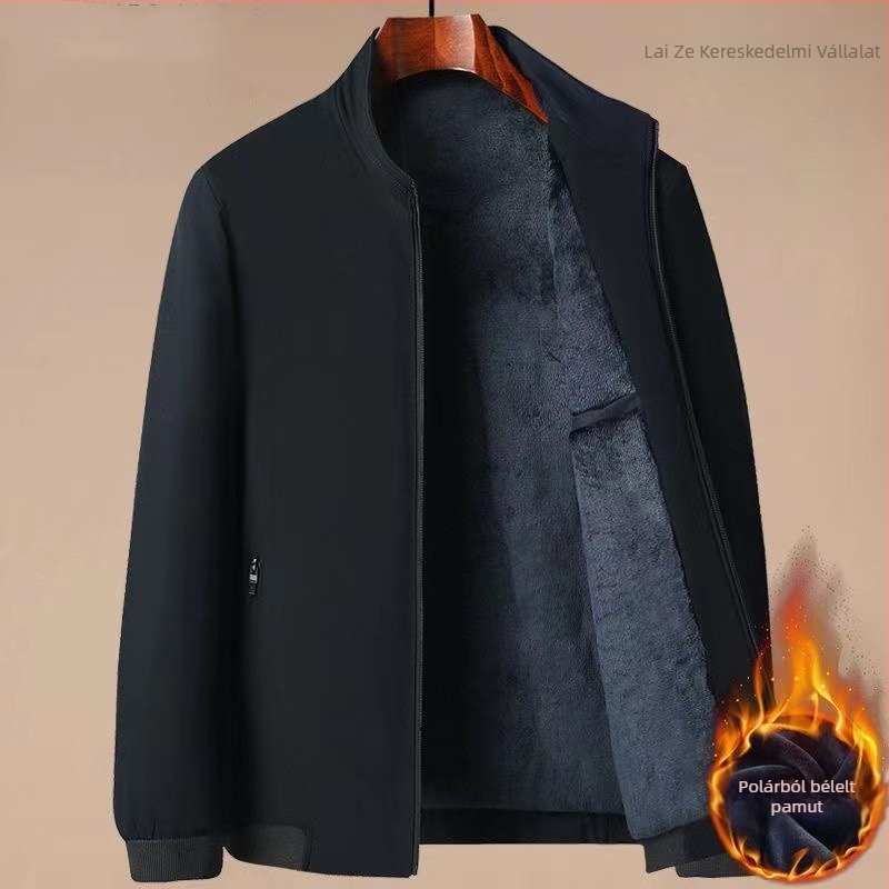 Férfi pamut-töltött kabát fleece béléssel, álló gallér, cipzár, kapucni nélküli, egyszínű, tavaszi-őszi viselet