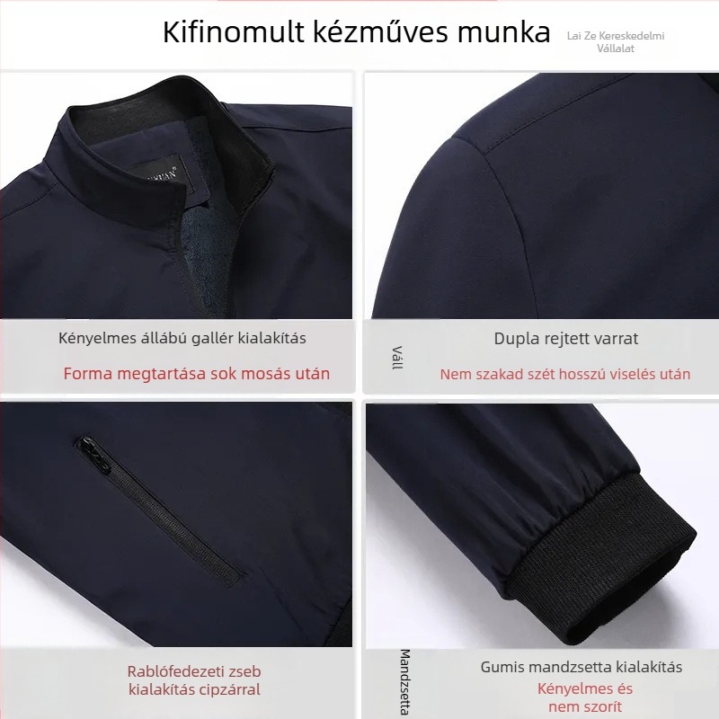 Férfi pamut-töltött kabát fleece béléssel, álló gallér, cipzár, kapucni nélküli, egyszínű, tavaszi-őszi viselet