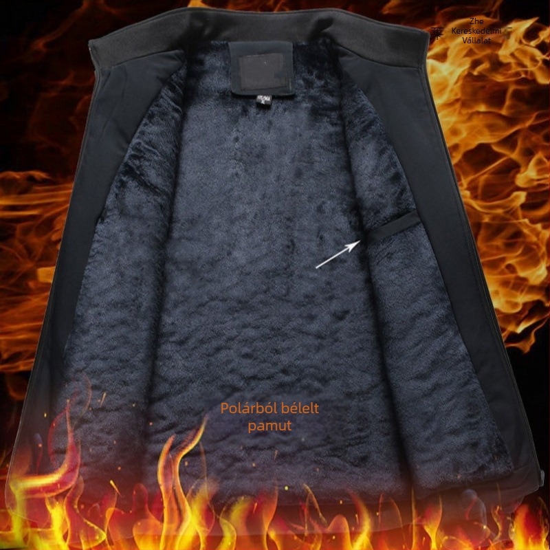 Férfi pamut-töltött kabát fleece béléssel, álló gallér, cipzár, kapucni nélküli, egyszínű, tavaszi-őszi viselet