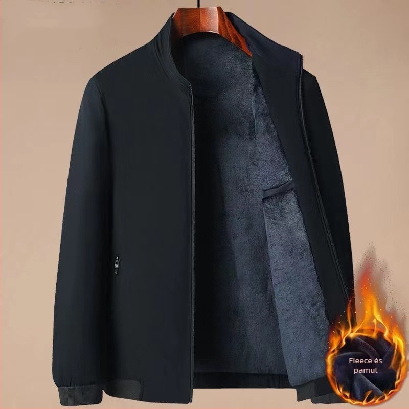 Férfi pamut-töltött kabát fleece béléssel, álló gallér, cipzár, kapucni nélküli, egyszínű, tavaszi-őszi viselet