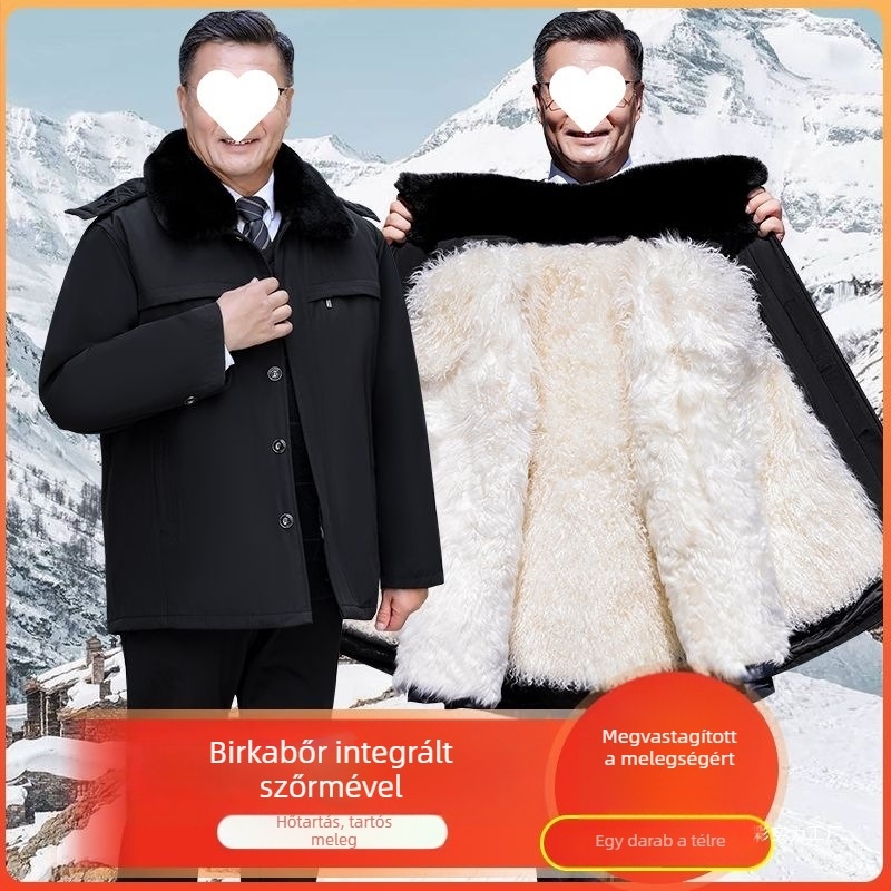 Férfi téli parka integrált báránybőr és gyapjú bélésével, fleece-béléssel, vastag kivitelben