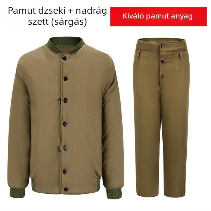 Férfiaknak készült vintage vastag pamut-párnázott téli ruha – katonazöld kabát és nadrág, álló gallérral