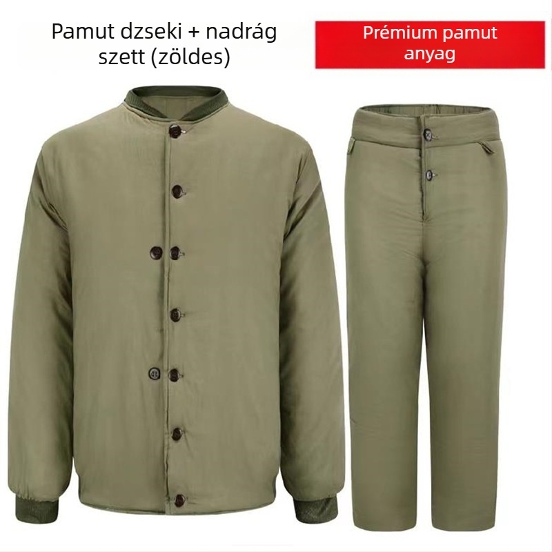 Férfiaknak készült vintage vastag pamut-párnázott téli ruha – katonazöld kabát és nadrág, álló gallérral