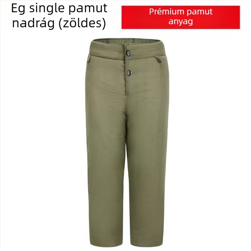 Férfiaknak készült vintage vastag pamut-párnázott téli ruha – katonazöld kabát és nadrág, álló gallérral