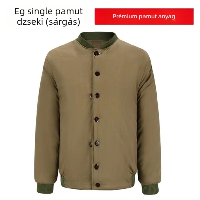 Férfiaknak készült vintage vastag pamut-párnázott téli ruha – katonazöld kabát és nadrág, álló gallérral