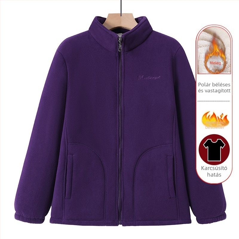 Női téli kabát fleece béléssel, középhosszú, állógallérral, cipzárral, egyszínű, meleg és vastag