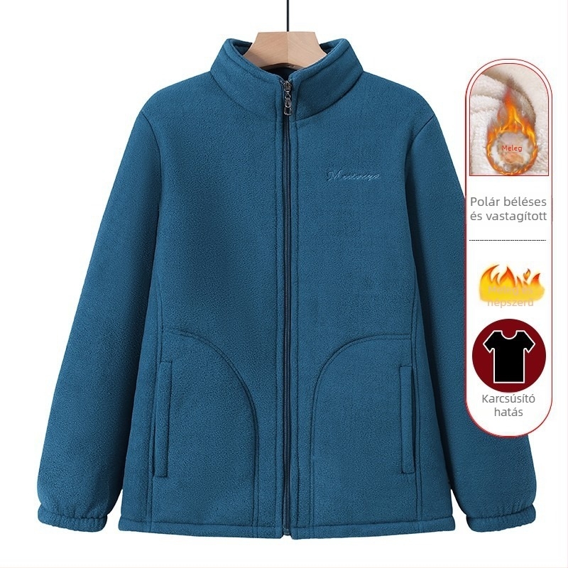 Női téli kabát fleece béléssel, középhosszú, állógallérral, cipzárral, egyszínű, meleg és vastag