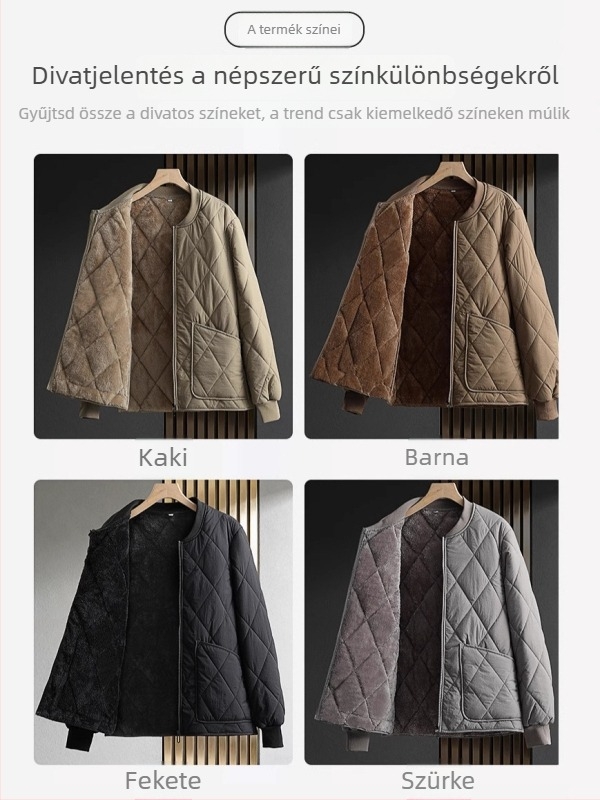 Férfi pamut bélelt téli kabát, koreai stílus, vastag fleece belső, poliészter töltet, álló gallér
