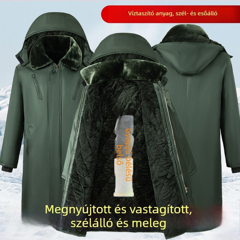 Téli pamutkabát levehető béléssel és kapucnival, vízálló, vastag, hosszú szabású férfiaknak