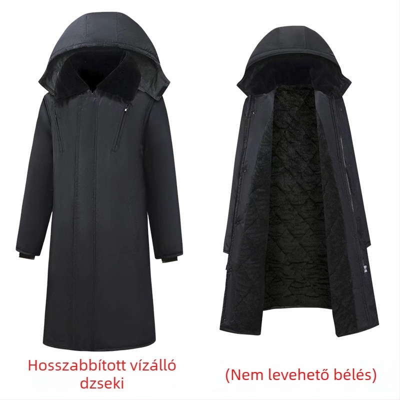 Téli pamutkabát levehető béléssel és kapucnival, vízálló, vastag, hosszú szabású férfiaknak