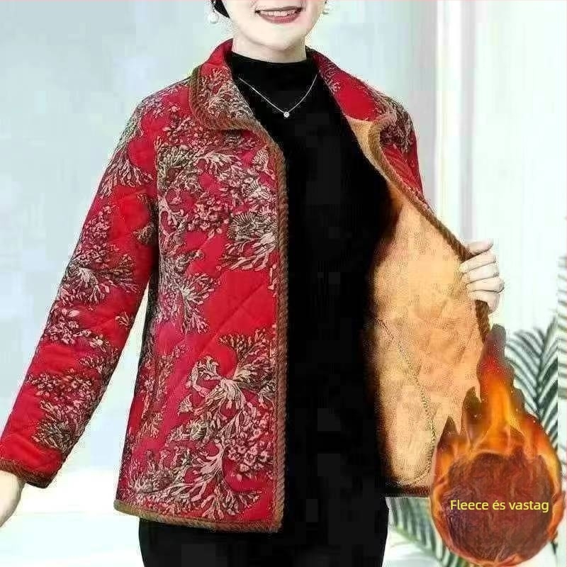 Pamut bélelt kabát fleece-béléssel, virágmintás, vastag szigetelés, lazán egyenes szabás, rever gallér