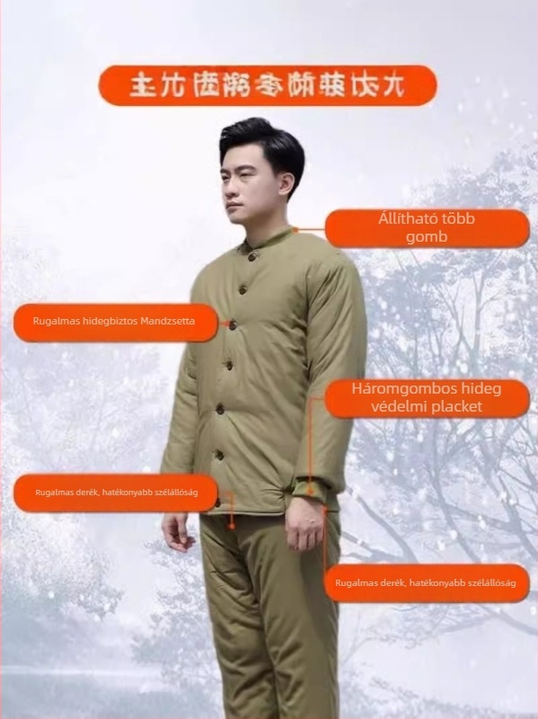 Bányászati pamut kabát és nadrág téli munkaruházat, vastag pamutszövet, belső pamut bélés, gallér nélküli, egy soros záródás, szélvédett