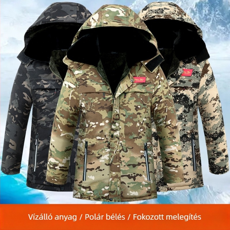 Kamuflázzal mintázott pamut töltésű kabát, cipzáras zárás, álló gallér, laza szabás, több zseb, téli meleg