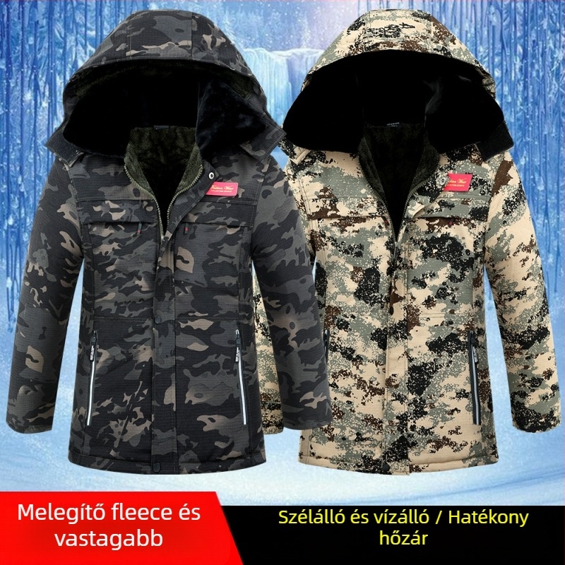 Kamuflázzal mintázott pamut töltésű kabát, cipzáras zárás, álló gallér, laza szabás, több zseb, téli meleg