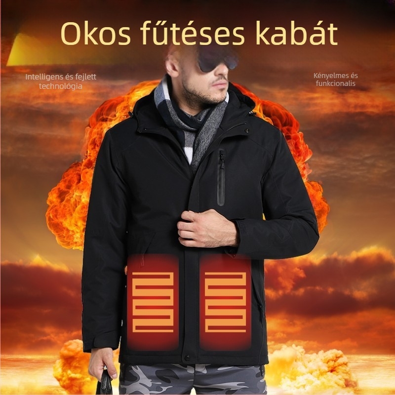 Férfi kapucnis fűtött pamutkabát, cipzáras zsebekkel – téli melegség