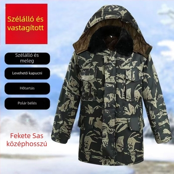 Téli pamutpárnás kabát fleece töltettel, camouflage mintával, elöl zipzárral, poliészter töltet és bélés, rever nyak, több zseb
