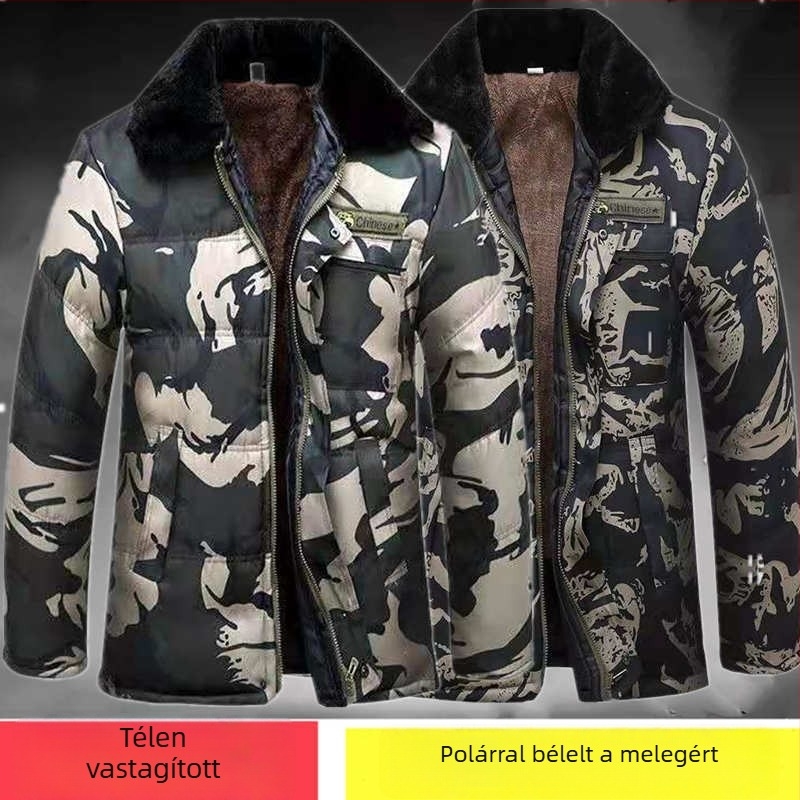 Téli pamutpárnás kabát fleece töltettel, camouflage mintával, elöl zipzárral, poliészter töltet és bélés, rever nyak, több zseb
