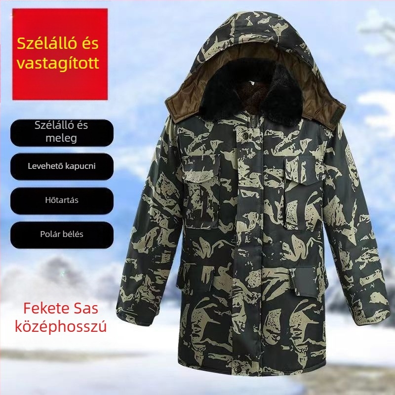 Téli pamutpárnás kabát fleece töltettel, camouflage mintával, elöl zipzárral, poliészter töltet és bélés, rever nyak, több zseb