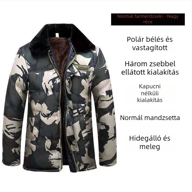 Téli pamutpárnás kabát fleece töltettel, camouflage mintával, elöl zipzárral, poliészter töltet és bélés, rever nyak, több zseb