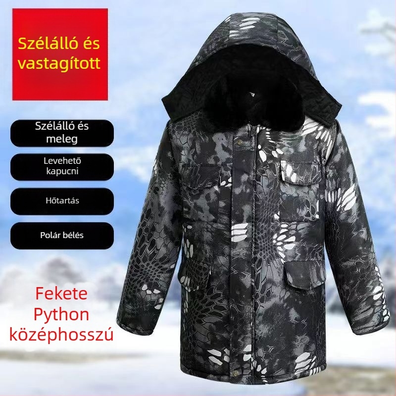 Téli pamutpárnás kabát fleece töltettel, camouflage mintával, elöl zipzárral, poliészter töltet és bélés, rever nyak, több zseb