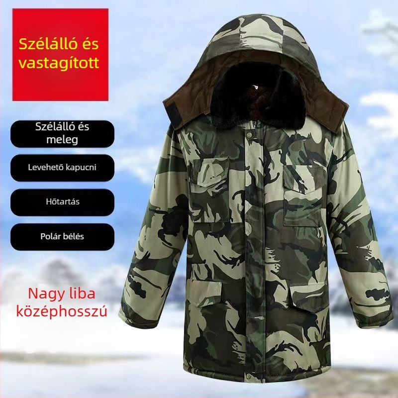 Téli pamutpárnás kabát fleece töltettel, camouflage mintával, elöl zipzárral, poliészter töltet és bélés, rever nyak, több zseb