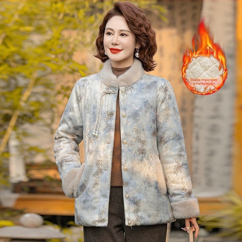 Pamut-töltéses téli kabát álló gallérral, fleece béléssel és vastagított kivitelben a melegen tartásért, kínai stílus, irodalmi retro, PVC főanyag ≤30%