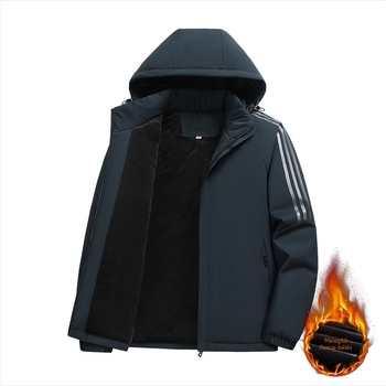 Férfi kapucnis poliészter dzseki fleece-béléssel és vastag szigeteléssel, cipzáras zárás