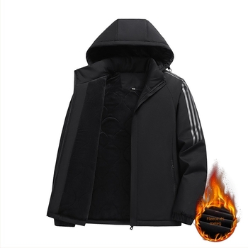 Férfi kapucnis poliészter dzseki fleece-béléssel és vastag szigeteléssel, cipzáras zárás