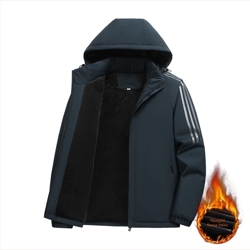 Férfi kapucnis poliészter dzseki fleece-béléssel és vastag szigeteléssel, cipzáras zárás