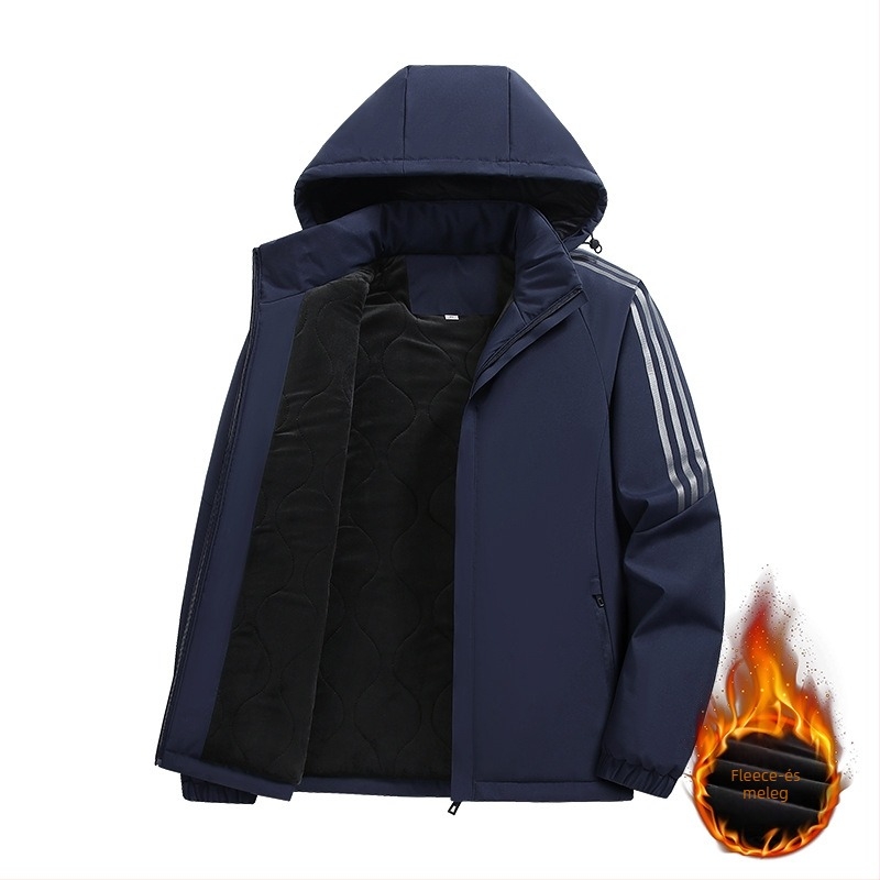 Férfi kapucnis poliészter dzseki fleece-béléssel és vastag szigeteléssel, cipzáras zárás
