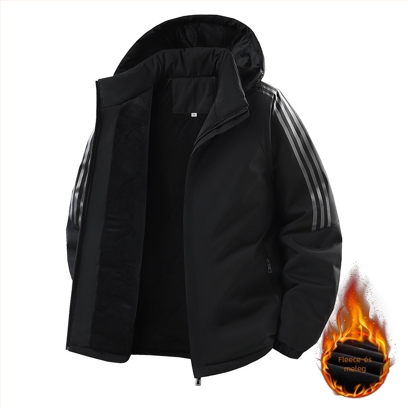 Férfi kapucnis poliészter dzseki fleece-béléssel és vastag szigeteléssel, cipzáras zárás
