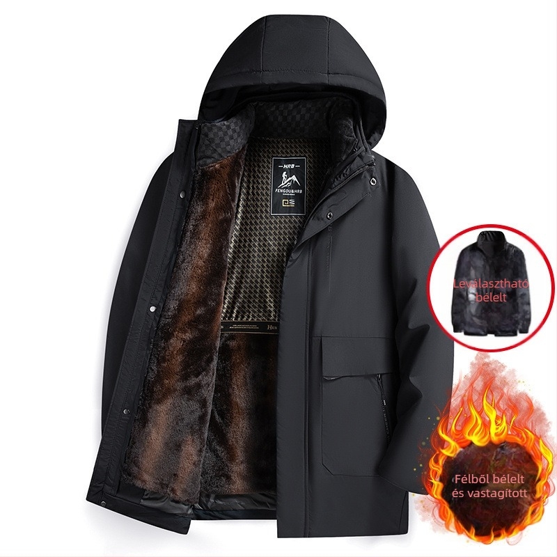 Férfi téli kabát leválasztható béléssel, fleece bélés, kapucnival, cipzár elöl, lazább szabás