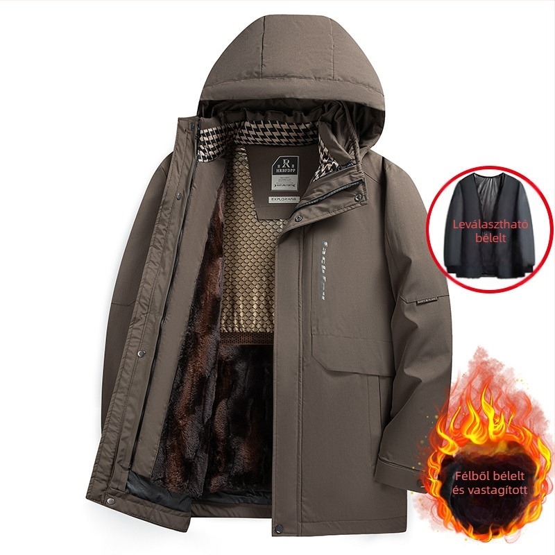 Férfi téli kabát leválasztható béléssel, fleece bélés, kapucnival, cipzár elöl, lazább szabás