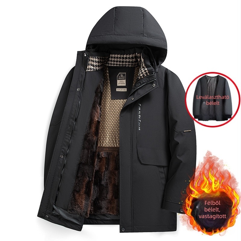 Férfi téli kabát leválasztható béléssel, fleece bélés, kapucnival, cipzár elöl, lazább szabás