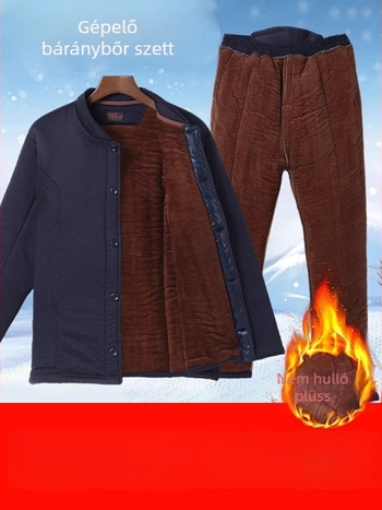 Idős férfiak téli kardigán-nadrág készlet fleece bélés, egyrészes gombolás, poliészter anyag, három zseb