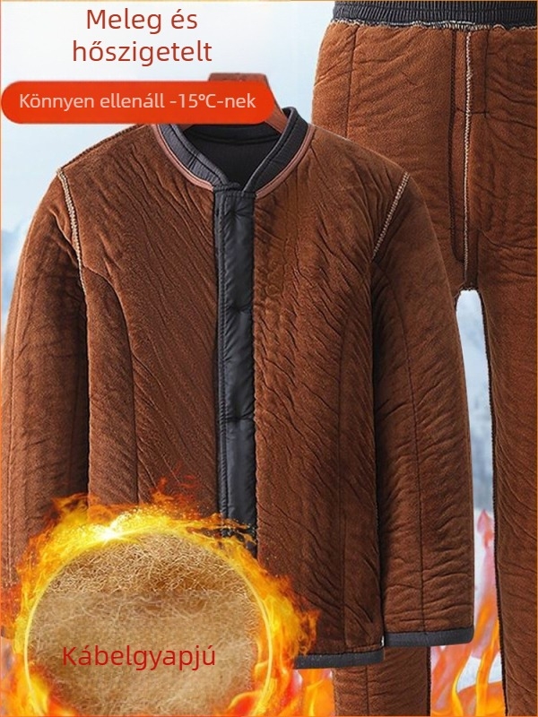 Idős férfiak téli kardigán-nadrág készlet fleece bélés, egyrészes gombolás, poliészter anyag, három zseb