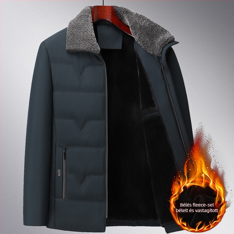 Férfi pamuttal bélelt téli dzseki, vastag anyagból, cipzáras, kapucni nélküli, több zsebbel