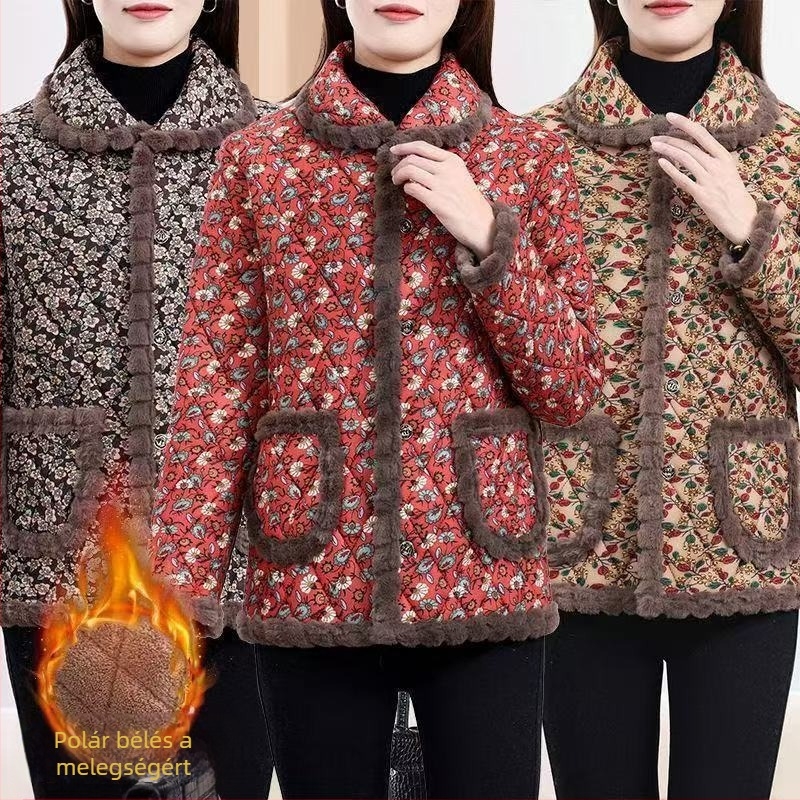 Fleece-lével bélelt téli kabát idős nőknek, laza szabású, új kínai stílusú, kis virágos mintával, meleg poliészter-pamut töltettel