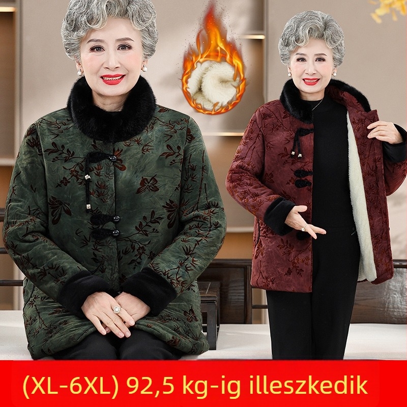 Plusz méretű vastag pamuttal bélelt kabát idős nőknek, fleece bélés, Tang-stílus