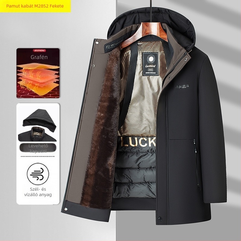 Grafén fleece-béléssel vastag téli férfi pamut kabát kapucnival, levehető zipzárral M2852