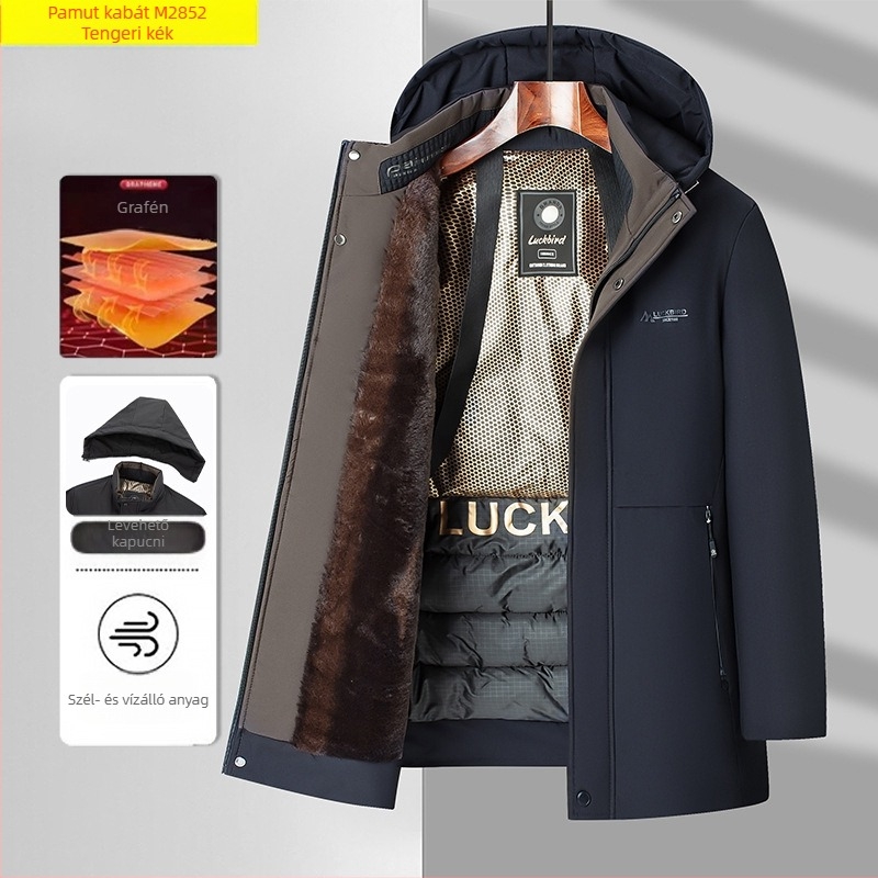 Grafén fleece-béléssel vastag téli férfi pamut kabát kapucnival, levehető zipzárral M2852