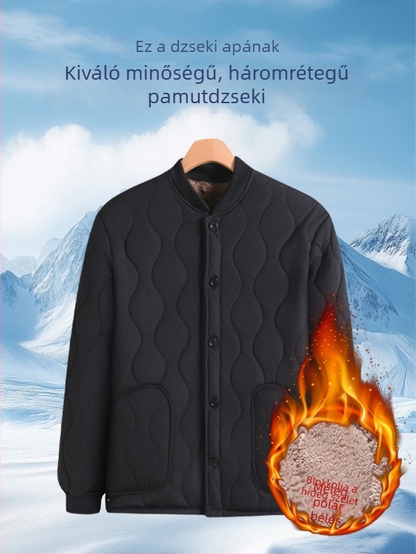 Vastag, laza szabású kapucnis pamut bélelt téli kabát férfiaknak, álló Gallér